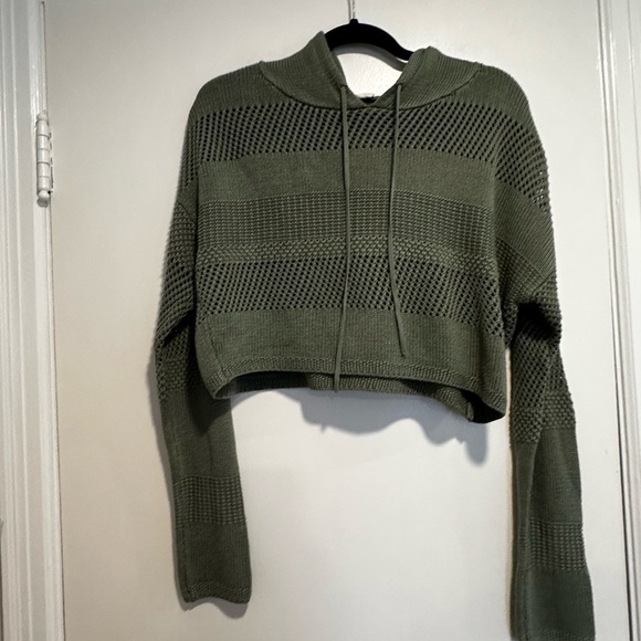 Garage M Olive Green Open Knitted Monochrome Striped Cropped Hoodie Pullover - Picture 7 of 15